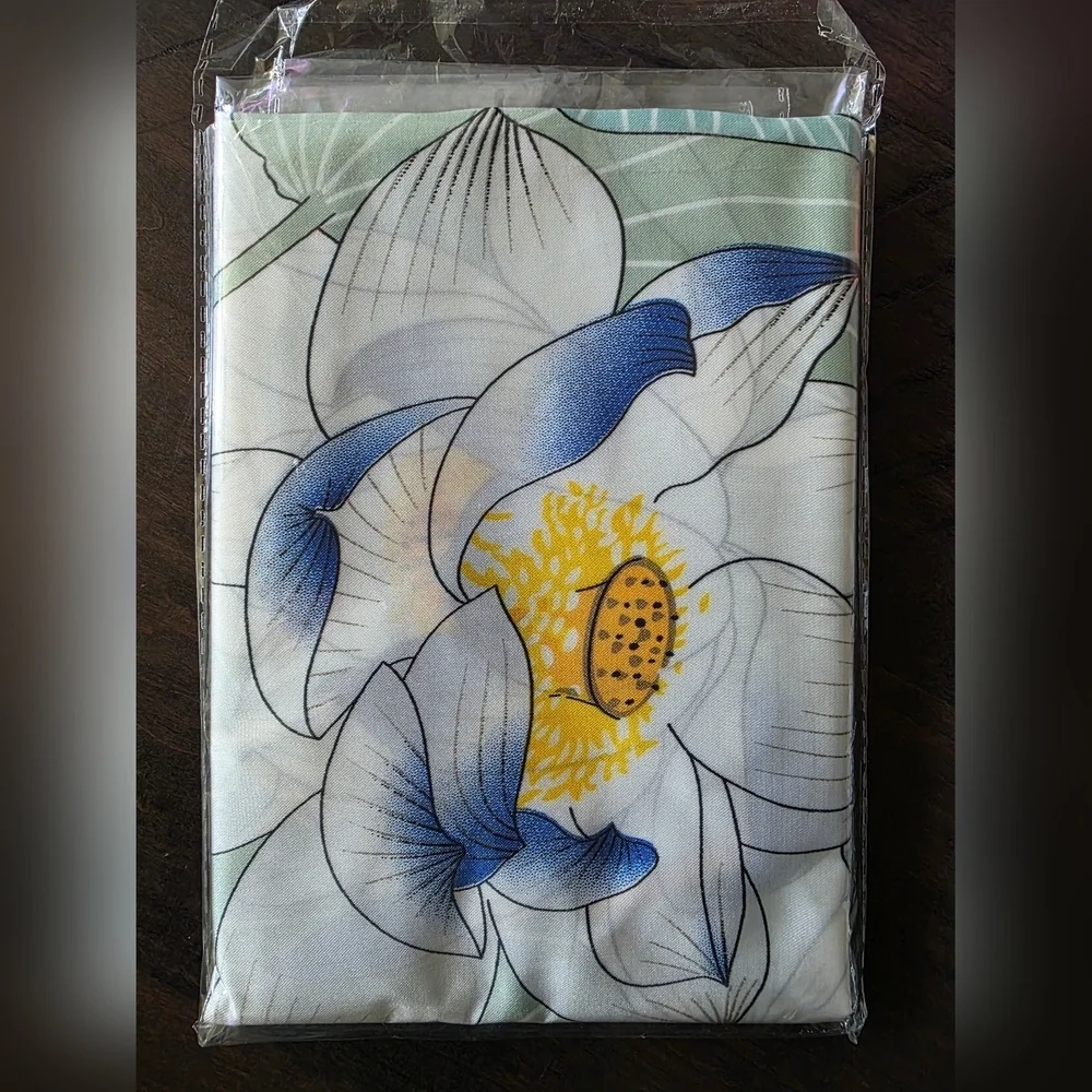NWT Elegant Lotus Flower Satin Square Scarf - Blue & White 27